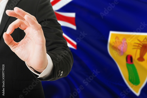 Turks And Caicos Islands acceptance concept. Elegant businessman is showing ok sign with hand on national flag background.