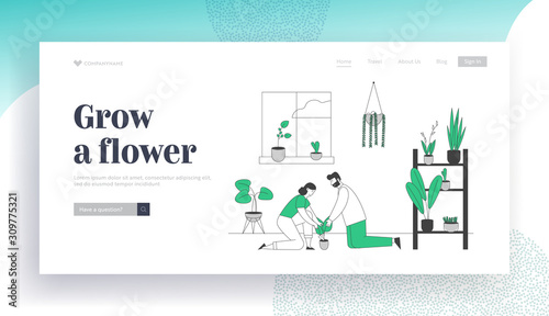 Happy Couple Care of Houseplants Website Landing Page. Young Man and Woman Cultivating Potted Plants at Home Enjoying Gardening Hobby Web Page Banner. Cartoon Flat Vector Illustration, Line Art