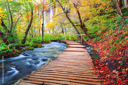 Famous Plitvice lakes with beautiful autumn colors and magnificent views of the waterfalls ,Plitvice national park photo