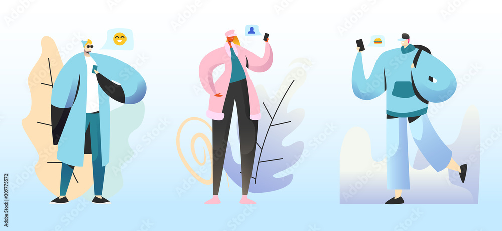 Smm Concept. Young People Characters Chatting in Social Networks. Man and Women Communicating Online with Mobile Devices as Smartphones with Social Media Icons Around. Cartoon Flat Vector Illustration