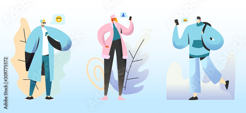 Smm Concept. Young People Characters Chatting in Social Networks. Man and Women Communicating Online with Mobile Devices as Smartphones with Social Media Icons Around. Cartoon Flat Vector Illustration