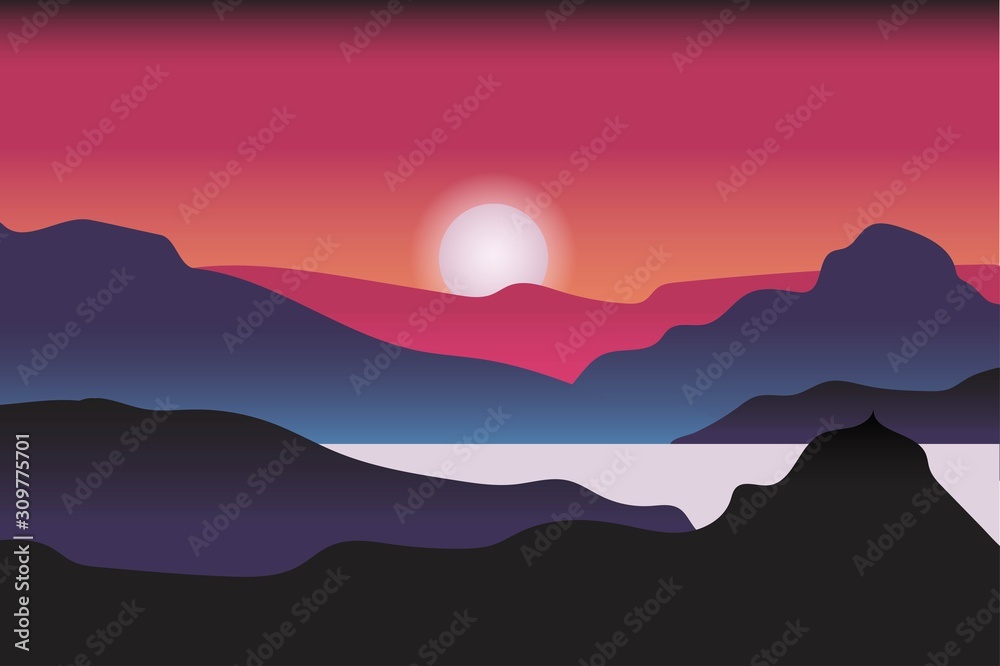 Landscape of Peaks and Water with Sun