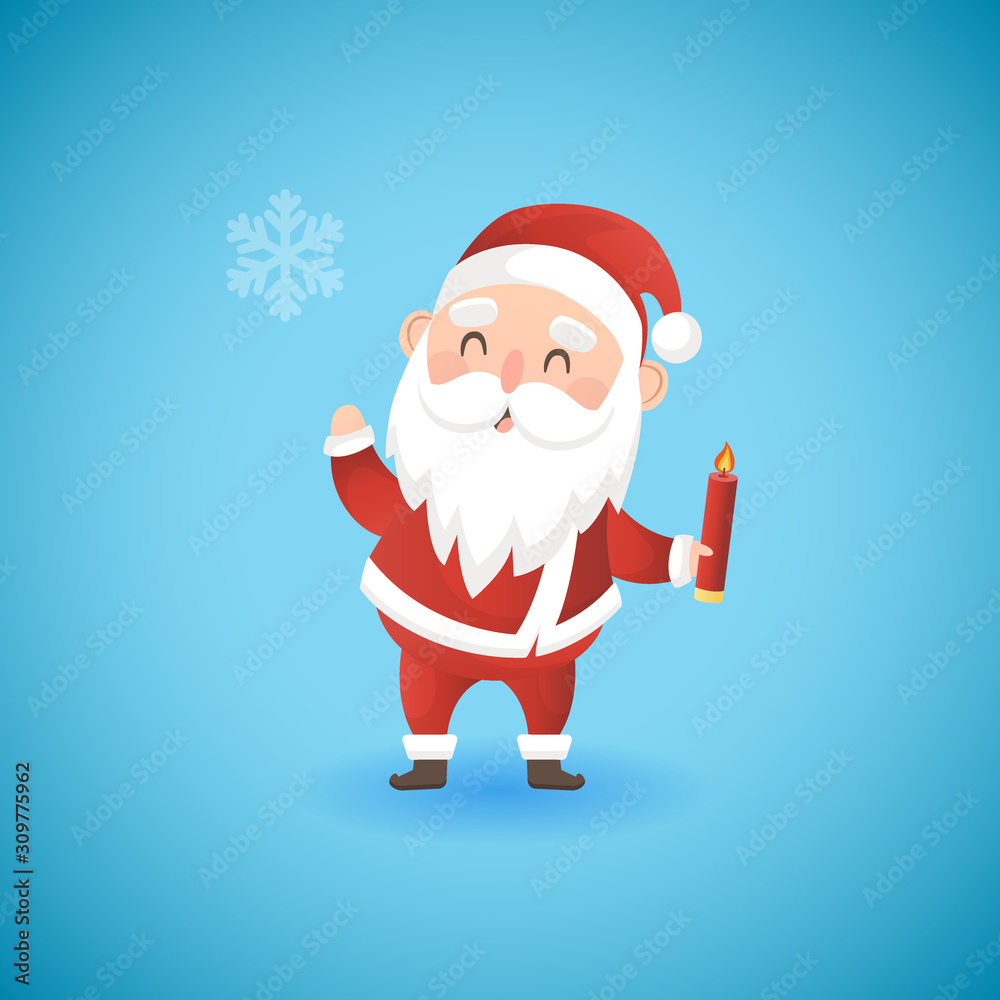Festive Christmas funny Santa Claus holding candle, vector illustration.