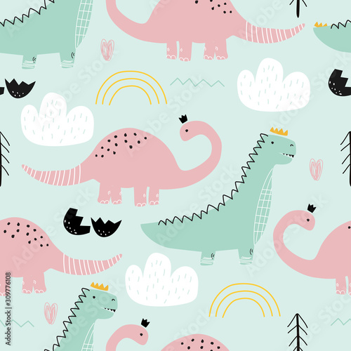 Seamless pattern with dinosaurs on colored background. Vector illustration for printing on fabric, postcard, wrapping paper, gift products, Wallpaper, clothing. Cute baby background. © Дмитрий Бондаренко
