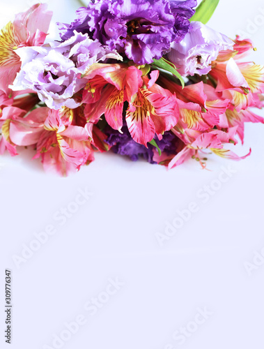 Festive floral arrangement in bright colors. Pink and crimson flowers on a white background. Roses, chrysanthemums and ectromelia in an elegant bouquet. Background for greetings, invitations, cards fo photo