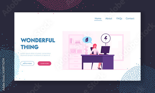 Wireless Control of Smart Home Devices Website Landing Page. Businesswoman Sitting at Office Get Alert via Internet about Iron is not Turn Off at Home Web Page Banner. Cartoon Flat Vector Illustration