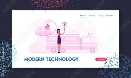 Emergency Service Website Landing Page. Woman Getting Notification from Smart Control System Electronic Device Smartphone about Fire Accident at Home Web Page Banner. Cartoon Flat Vector Illustration