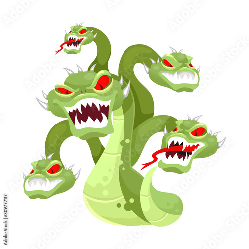 Hydra flat vector illustration. Mythological creature. Multi-head monster. Serpent, venomous snake with many heads. Greek mythology. Fantastical beast isolated cartoon character on white background