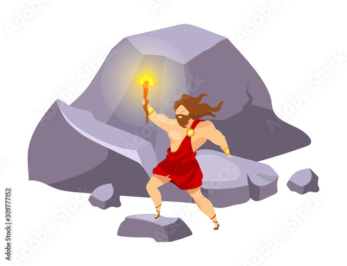 Prometheus flat vector illustration. Divine hero stealing fire. Preolympian titan with beacon on mountain. Traveling and exploring. Man with torch isolated cartoon character on white background
