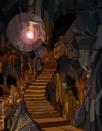 bright light illuminates a long stone staircase descending into a cave