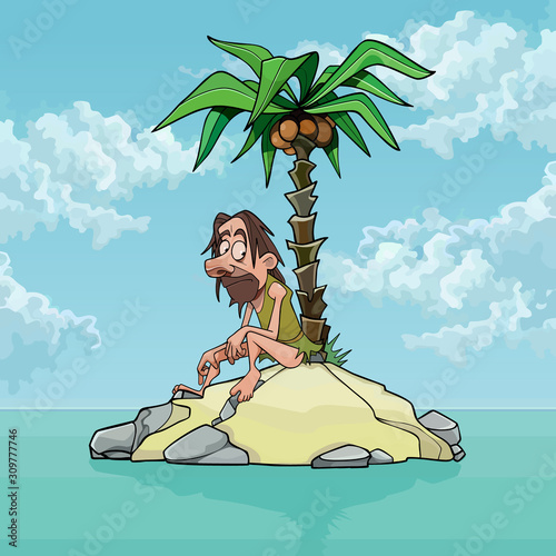 cartoon lonely man on a small island with a palm tree