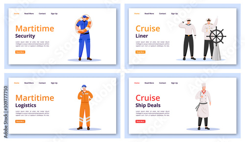 Maritime characters landing page vector templates set. Marine security website interface idea with flat illustrations. Logistics ideas homepage layout. Cruise deals web banner, webpage cartoon concept
