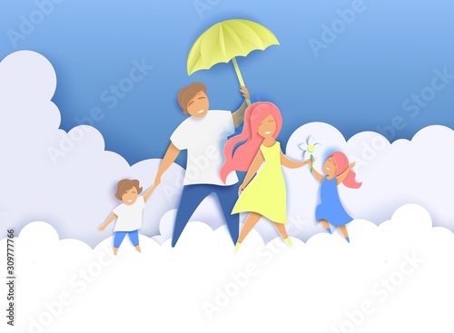 Happy family, vector illustration in paper art style