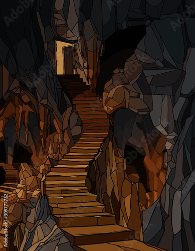 cartoon long stone staircase descending into the cave