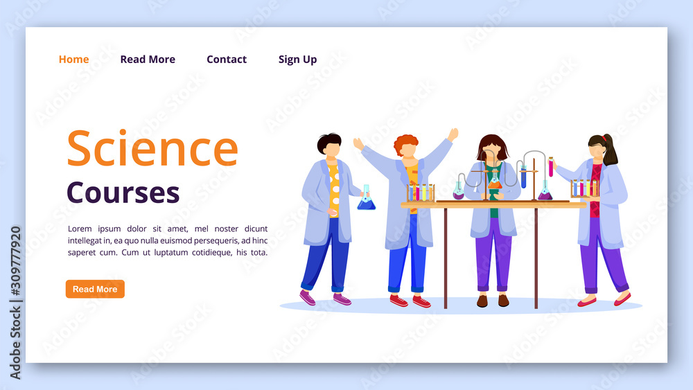 Science courses landing page vector template. Chemistry experiments for kids website interface idea with flat illustrations. Practical lessons omepage layout, web banner, webpage cartoon concept
