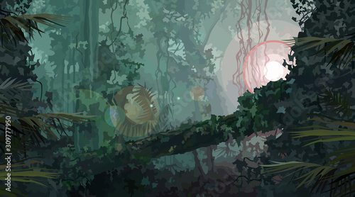 dense green overgrown rainforest with a bright source of light
