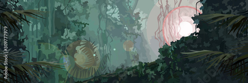 tropical rainforest panoramic background with light source