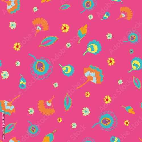 Vector psychedelic folk seamless pattern with colorful ethnic flowers and leaves, green orange red yellow and pink background