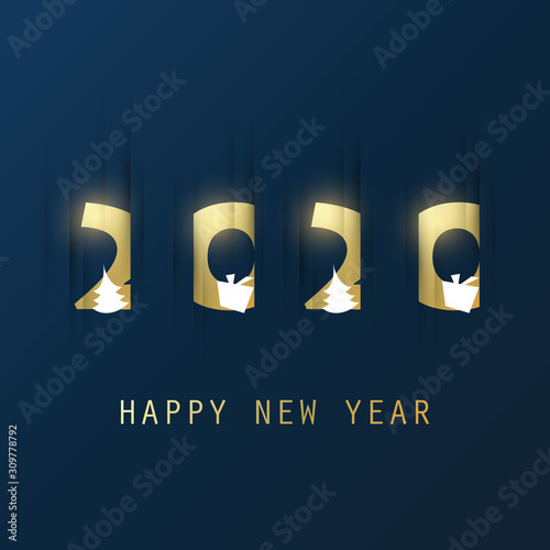 Best Wishes - Simple Dark and Gold Colored New Year Card, Cover or Background Design Template With Christmas Tree, Gift Box, Drinking Glasses And Fireworks - 2020