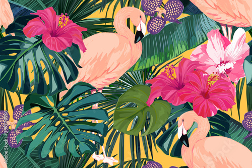 Tropical seamless pattern. Palm tree leaves, flower hibiscus and flamingo. Vector illustration. Summer background