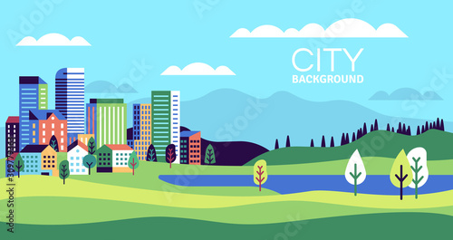 Fototapeta Naklejka Na Ścianę i Meble -  Simple landscape with buildings. Urban skyline residential houses, green trees and hill, summer cityscape banner, websites vector background