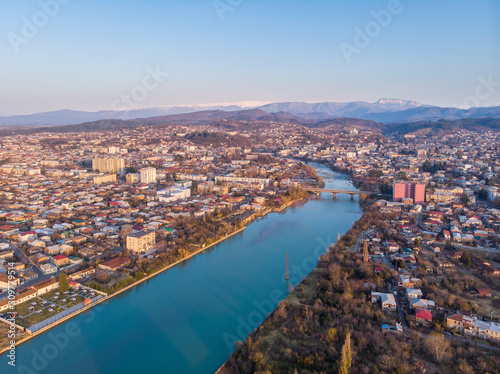 Morning view of Kutaisi and river Rioni, Georgia. Drone aerial photo