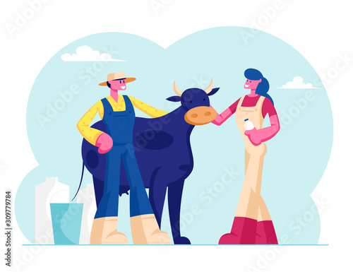 Young Milkmaid Woman and Man Farmer in Uniform Stand near Cow with Bottle and Bucket