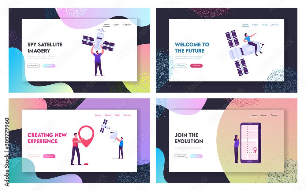 Users and Technics Website Landing Page Set. Cellular Communication and Digital Cable Tv Service, People with Satellite, Mobile Phone, Gps Navigation Web Page Banner. Cartoon Flat Vector Illustration