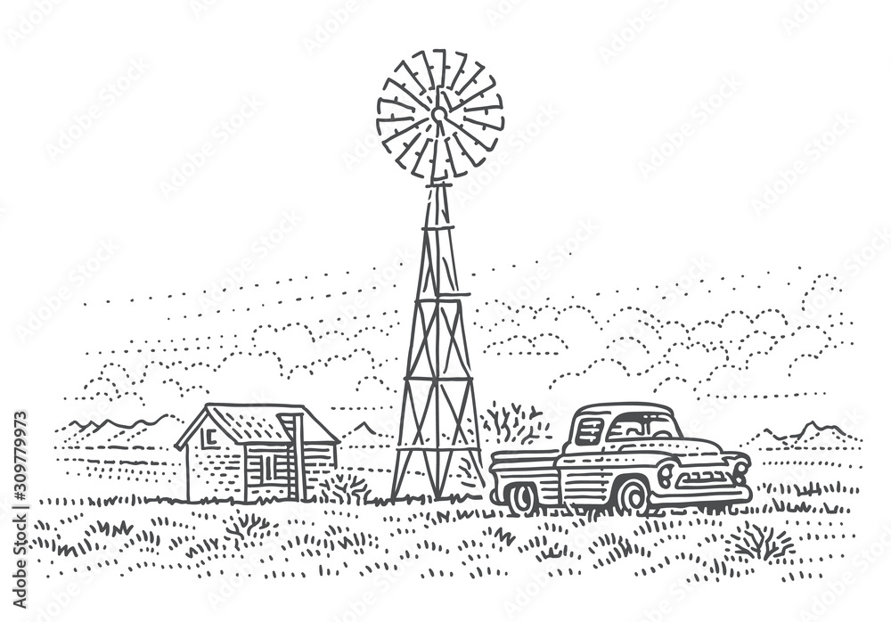 Old pick up truck in ranch land sketch line illustration. Vector, isolated.  - obrazy, fototapety, plakaty 