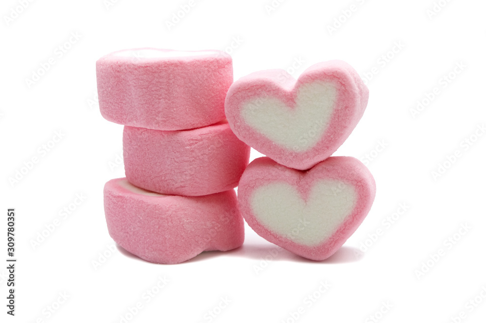 Pink sweet heart shape marshmallow isolated on white background. Pink sweet heart shape marshmallow isolated on white background.