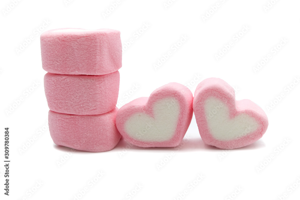 Pink sweet heart shape marshmallow isolated on white background. Pink sweet heart shape marshmallow isolated on white background.