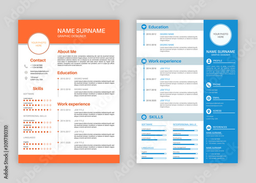 Resume template. Professional personal description profile, curriculum letterhead cover, business layout job application creative vector set
