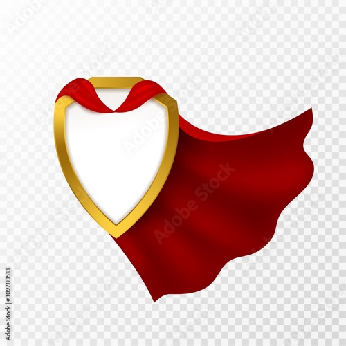 Red cape badge. Hero cloak, mantle carnival super clothes with blank shield. Success and leadership symbol, power vector concept