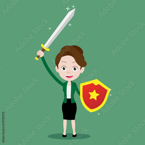 Businesswoman is knight warrior holds up a sword and holds a shield