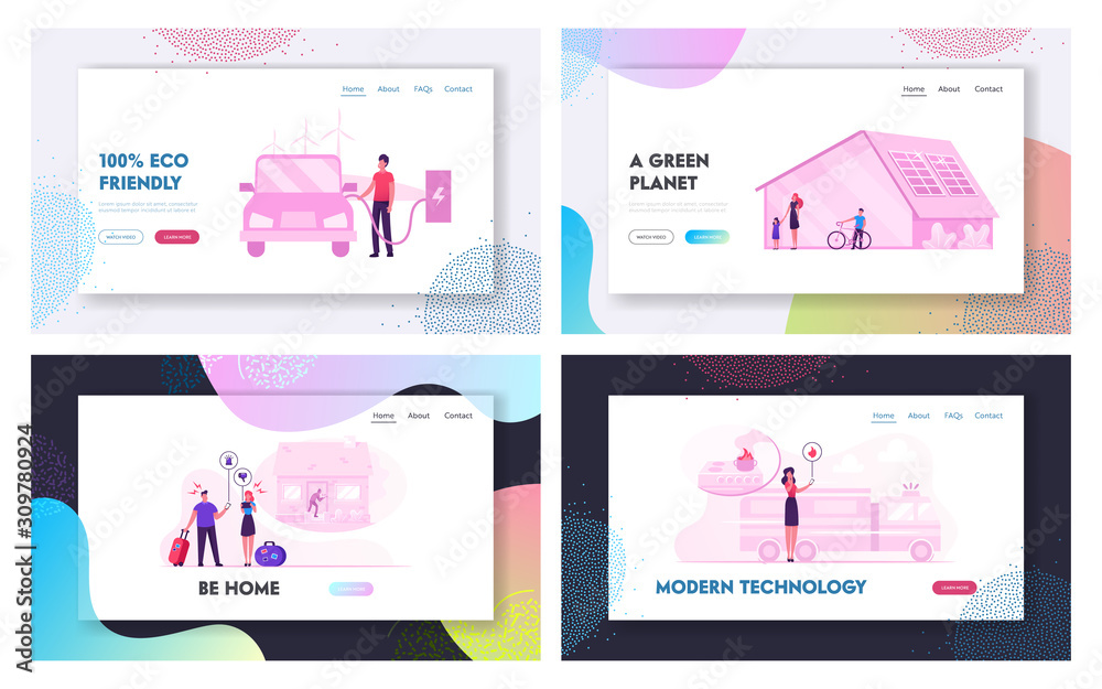 Futuristic Technologies for Home. Website Landing Page Set. Man Charging Electric Car. House with Solar Panels. Security System of Robbery and Fire Web Page Banner. Cartoon Flat Vector Illustration