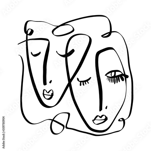 Simple hand drawn black and white trendy line portrait face art. Abstract composition. Monochrome print for clothes, textile, posters and other. Vector