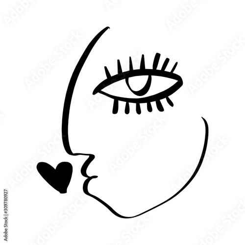 Simple hand drawn black and white trendy line portrait face art. Abstract composition. Monochrome print for clothes, textile, posters and other. Vector