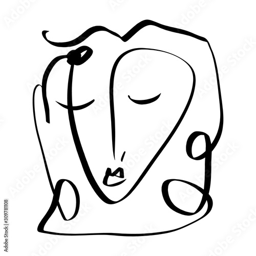 Simple hand drawn black and white trendy line portrait face art. Abstract composition. Monochrome print for clothes, textile, posters and other. Vector