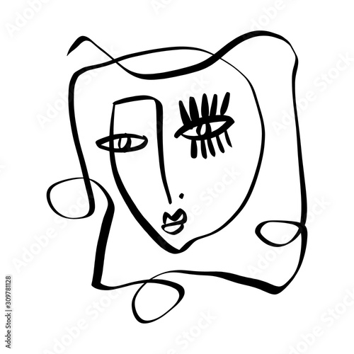 Simple hand drawn black and white trendy line portrait face art. Abstract composition. Monochrome print for clothes, textile, posters and other. Vector