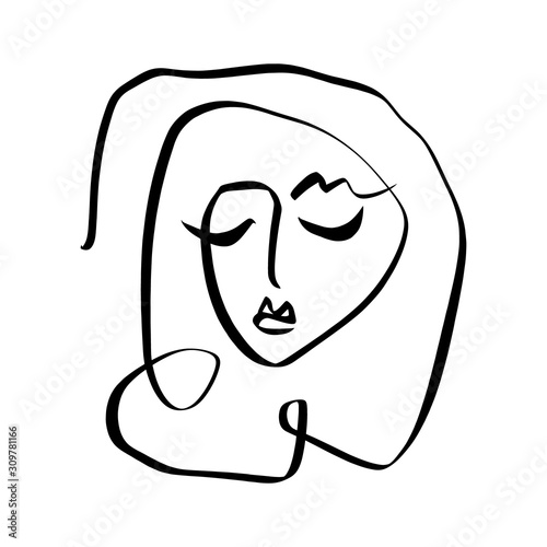 Simple hand drawn black and white trendy line portrait face art. Abstract composition. Monochrome print for clothes, textile, posters and other. Vector