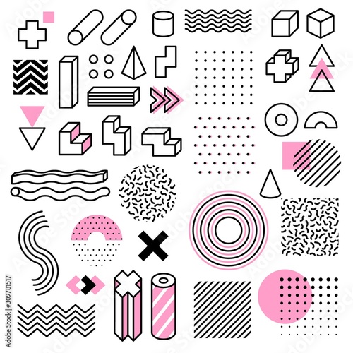 Abstract geometric shapes. Universal trend memphis style graphic symbols. Circle, triangle and cube, line and dots elements vector set