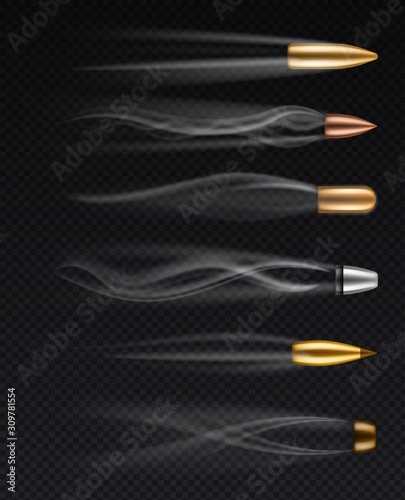Flying bullets. Realistic different fired bullet in motion with smoke traces, gunshots firearm shooting metall bullets, isolated vector set
