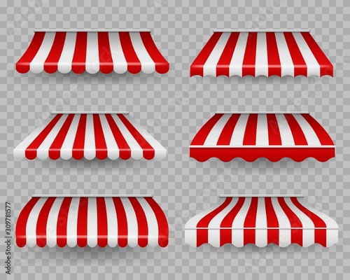 Awnings. Outdoor striped awning for cafe and shop windows of different forms, sunshade for restaurant, border tent design element vector set