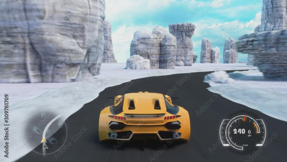 Speed Racing 3d Video Game With Interface. Sports Cars Compete On On The Road In Winter. Gameplay Screen.