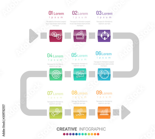 Infographic design elements for your business with 9 options, parts, steps or processes, Vector Illustration. 