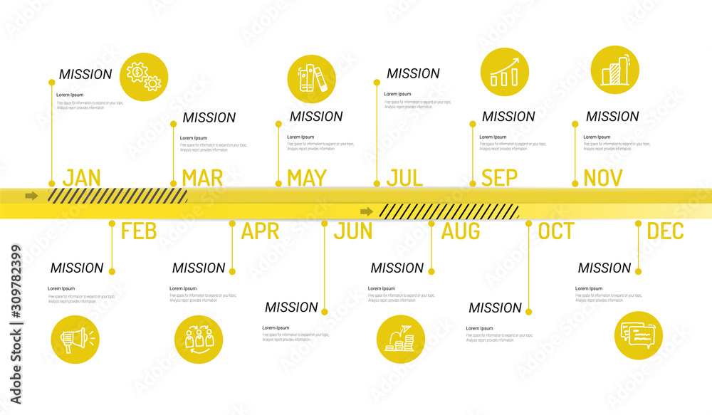 Year planner, 12 months, 1 year, Timeline infographics design vector and Presentation business can be used for Business concept with 12 options, steps or processes. 