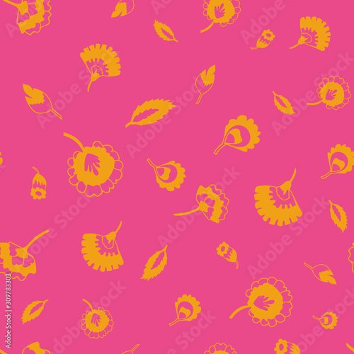 Vector psychedelic folk seamless pattern with colorful ethnic orange flowers and leaves, pink background