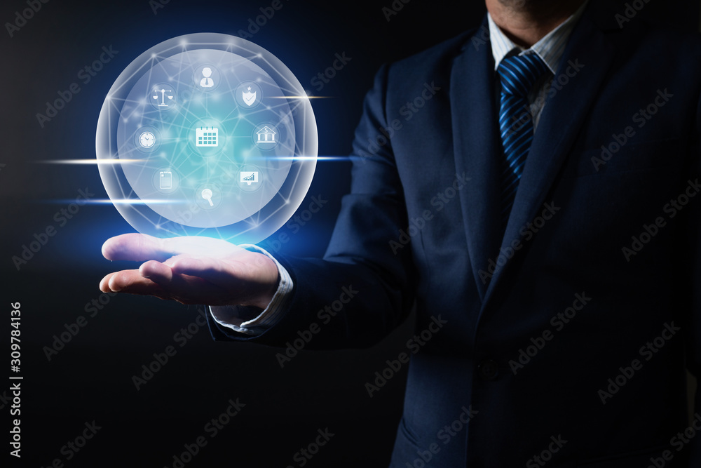 Obraz premium business and technology concept, smart icon on palm of business man and global connection data