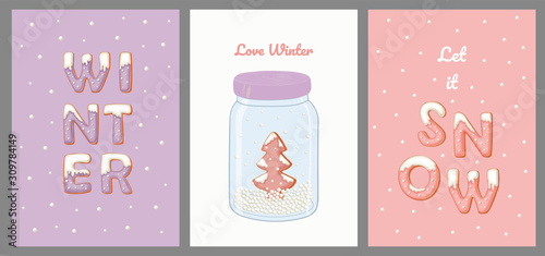 Postcards with sweet topping  hearts  snow  gingerbread cookie with snow in a glass jar.