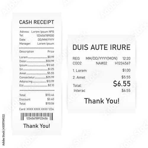 Two realistic cash receipt on white background. Vector illustration.